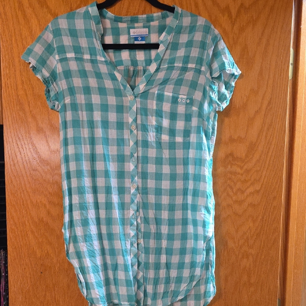 Columbia Green and White Plaid Shirt